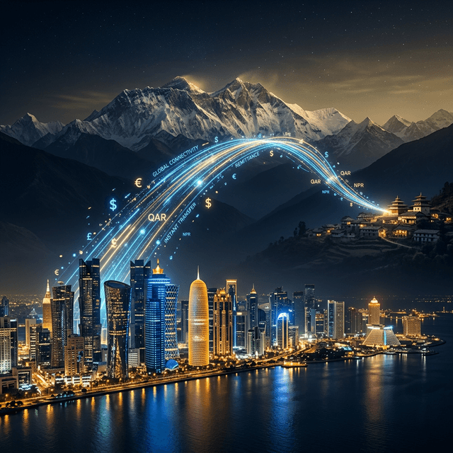 Doha Qatar skyline connected to Nepal Himalayas — NepaliTop global connectivity